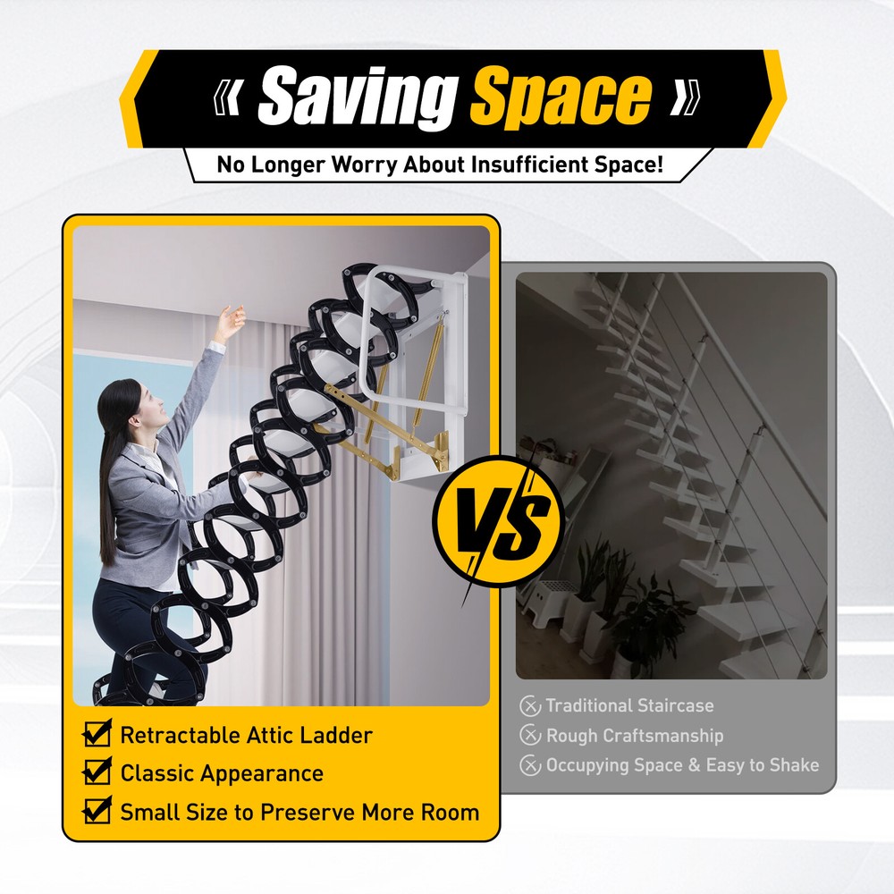 10ft Pull Down Folding Attic Ladder 12 Steps Anti-slip Wall-mounted Stairs