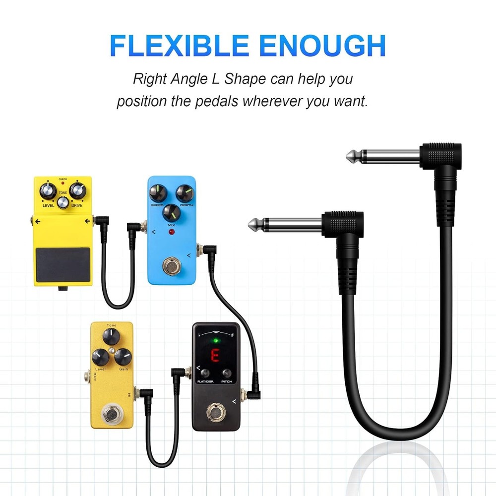 6 Pack 6 Guitar Patch Cables - Noise-Free Right Angle Pedal Board Cables