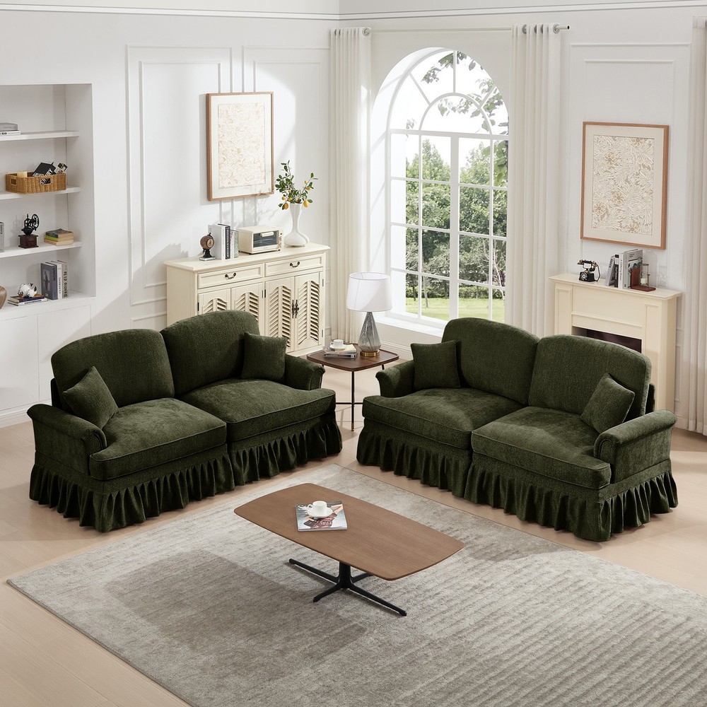 Green Chenille Modular Sofa Set w/ Flared Arms, Removable Skirt & Legs