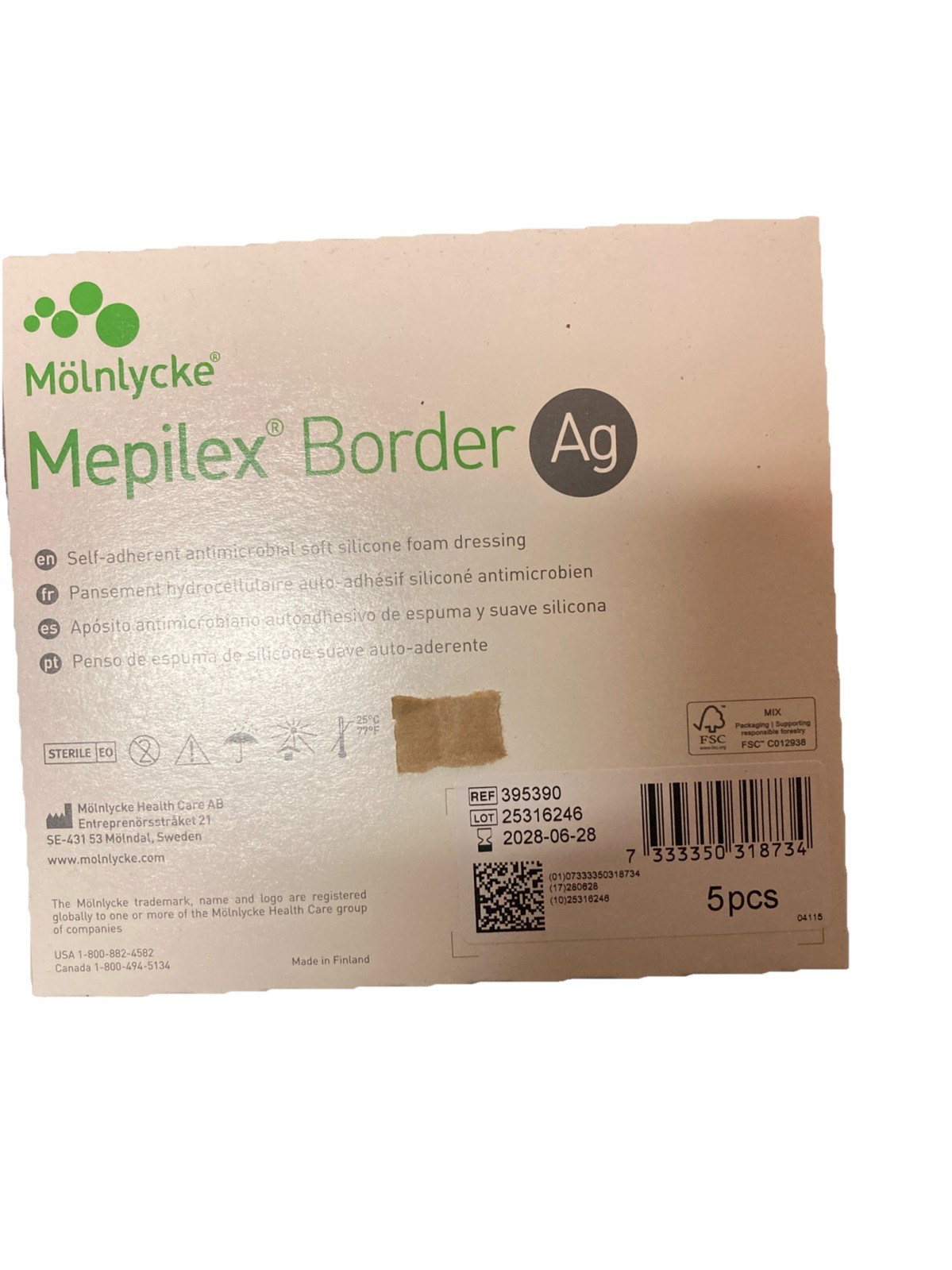 Mepilex Border AG 395390 Self Adherent Silicone Dressing 4”x4” Box Of 5 Exp 2028