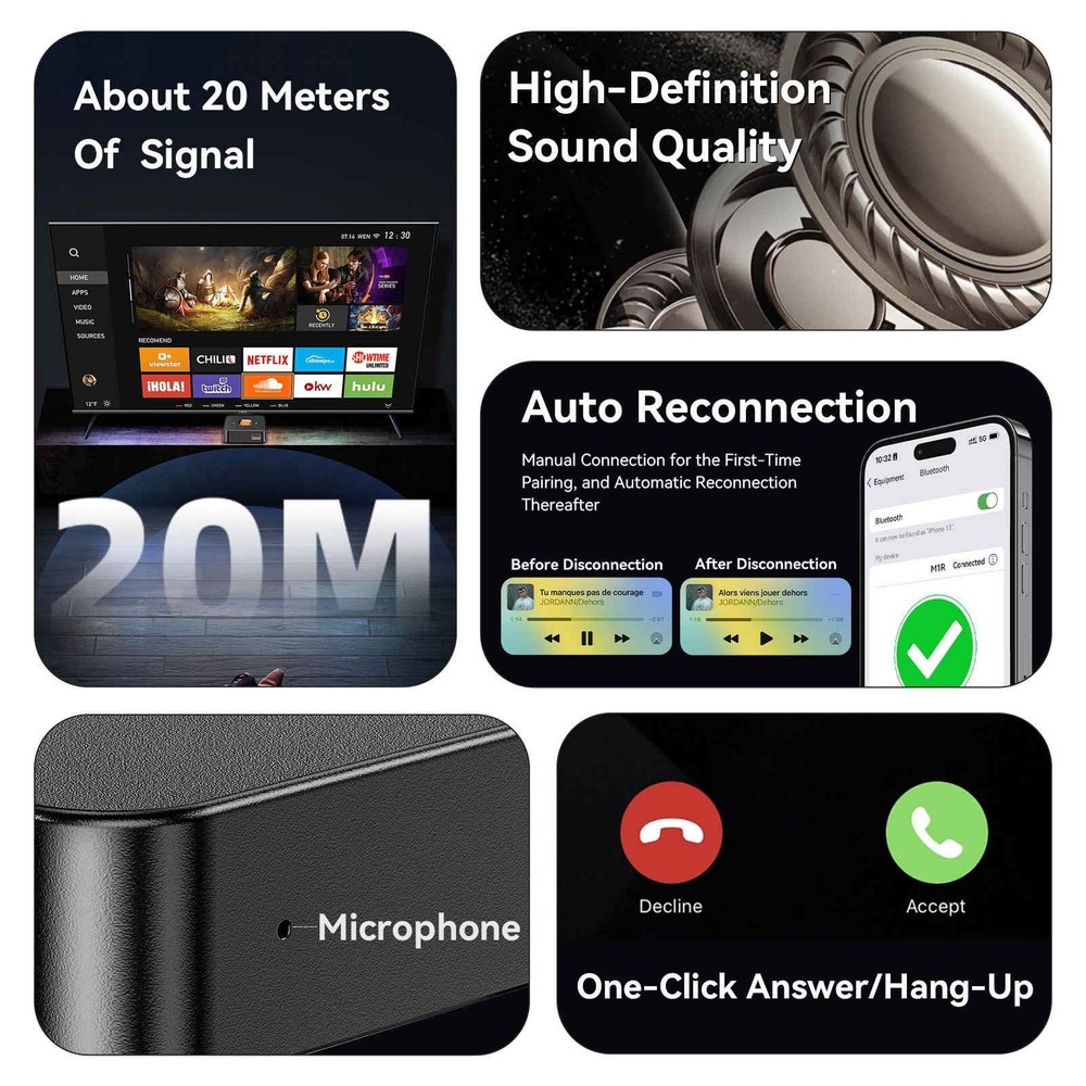 Dual Link Bluetooth 6.0 Audio Receiver Wireless Adapter 3.5mm Jack RCA Output