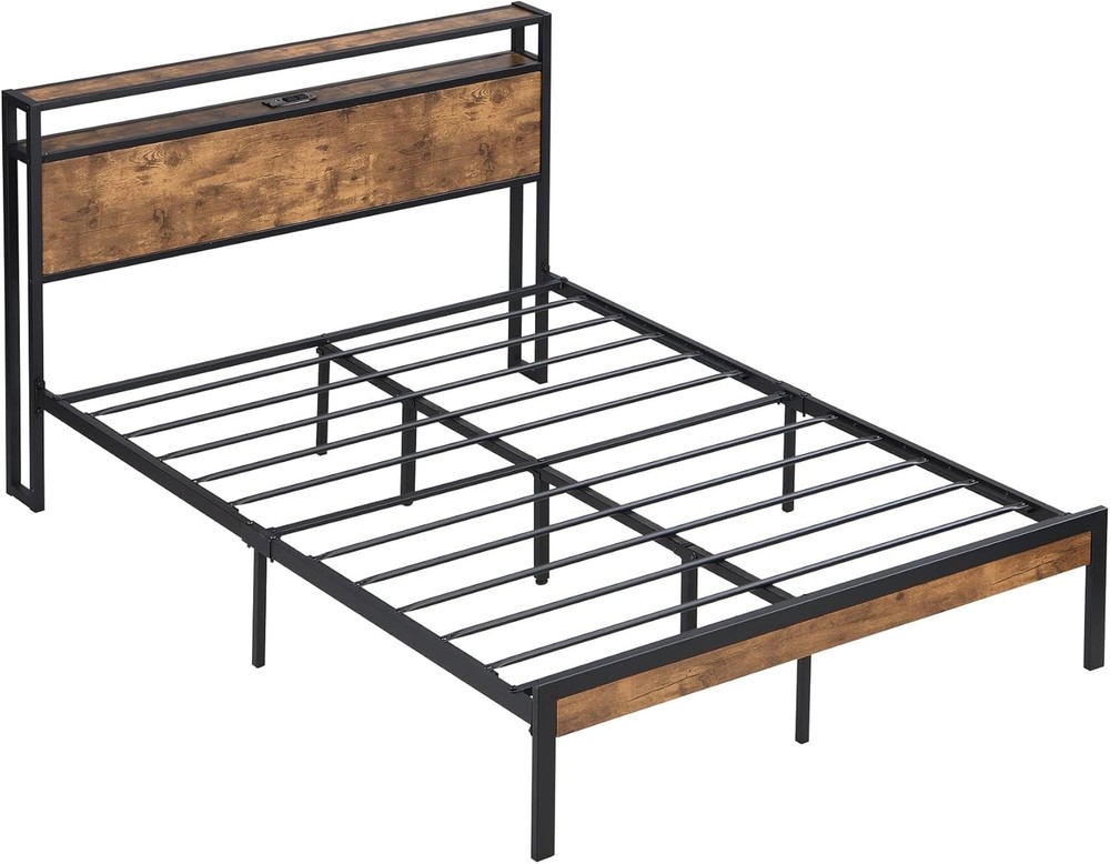 Full Size Metal Platform Bed Frame with Storage Headboard/USB Charging Station