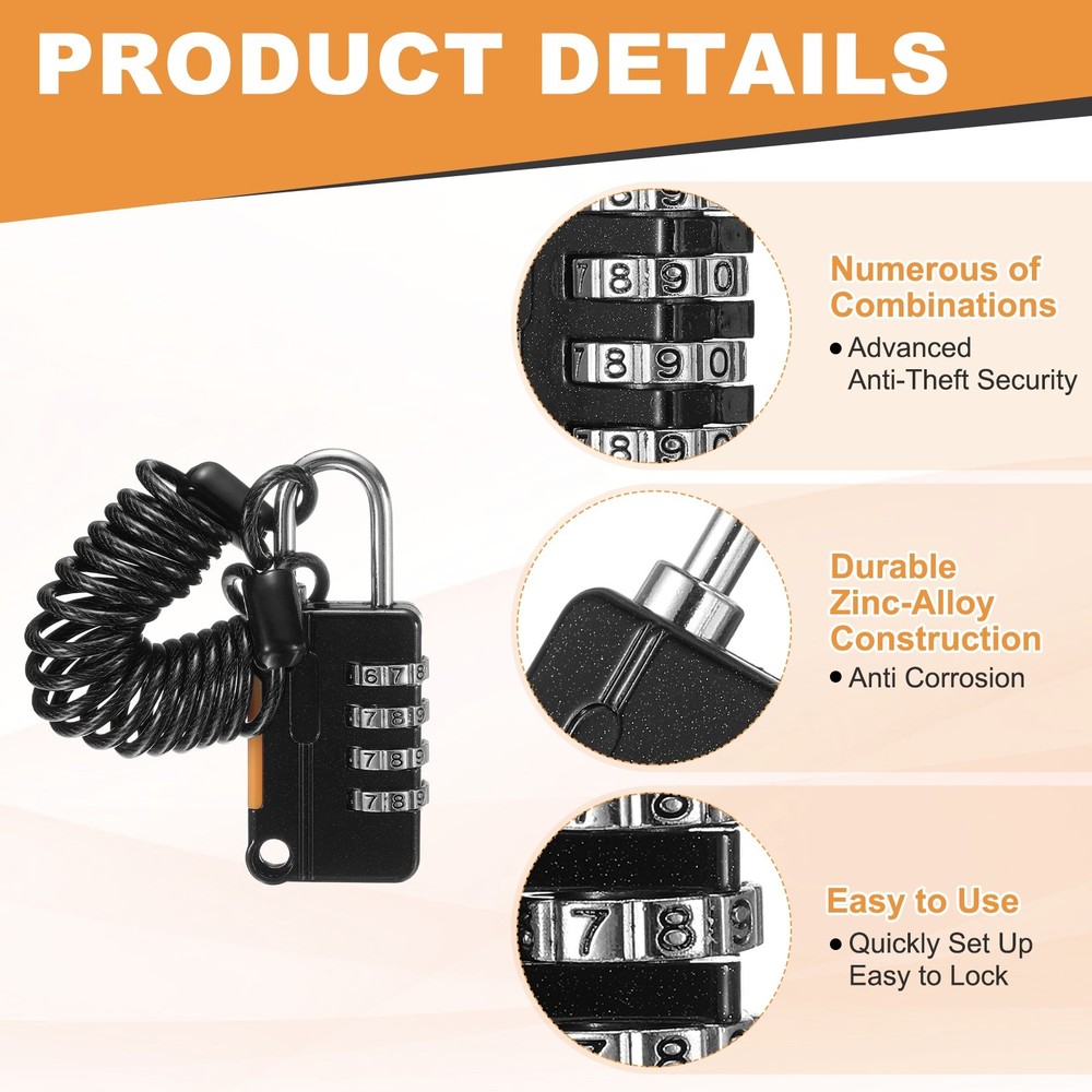 Luggage Lock, 4 Digit Combination Padlock with Flexible Black Cable (90cm)