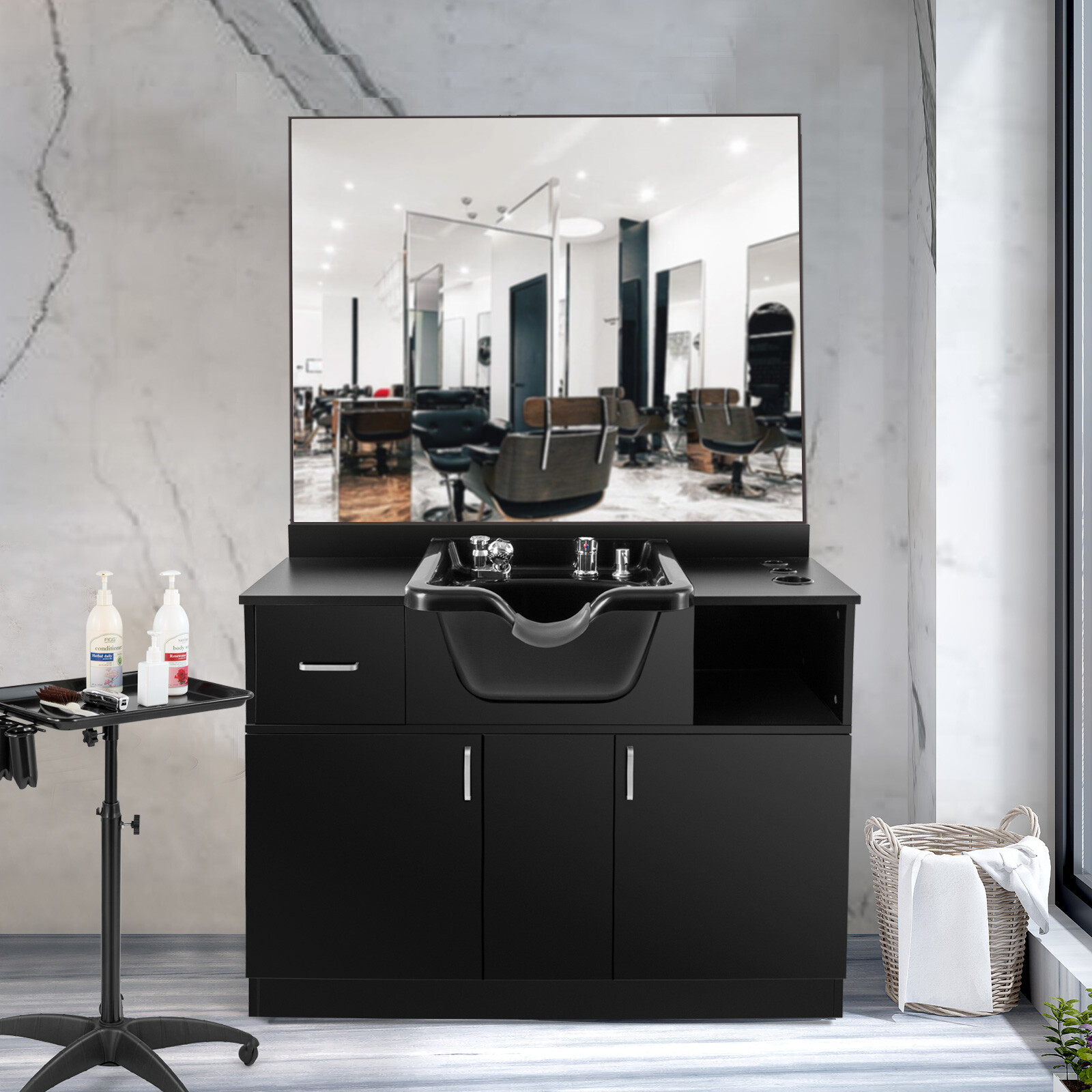 New Backwash Sink Station Shampoo Bowl Beauty Salon Spa Mirror+Drawer+USB+P Trap