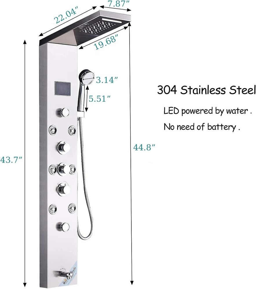 Brushed Nickel 6-Function Shower Tower with Rainfall LED Shower Head & Spa Jets