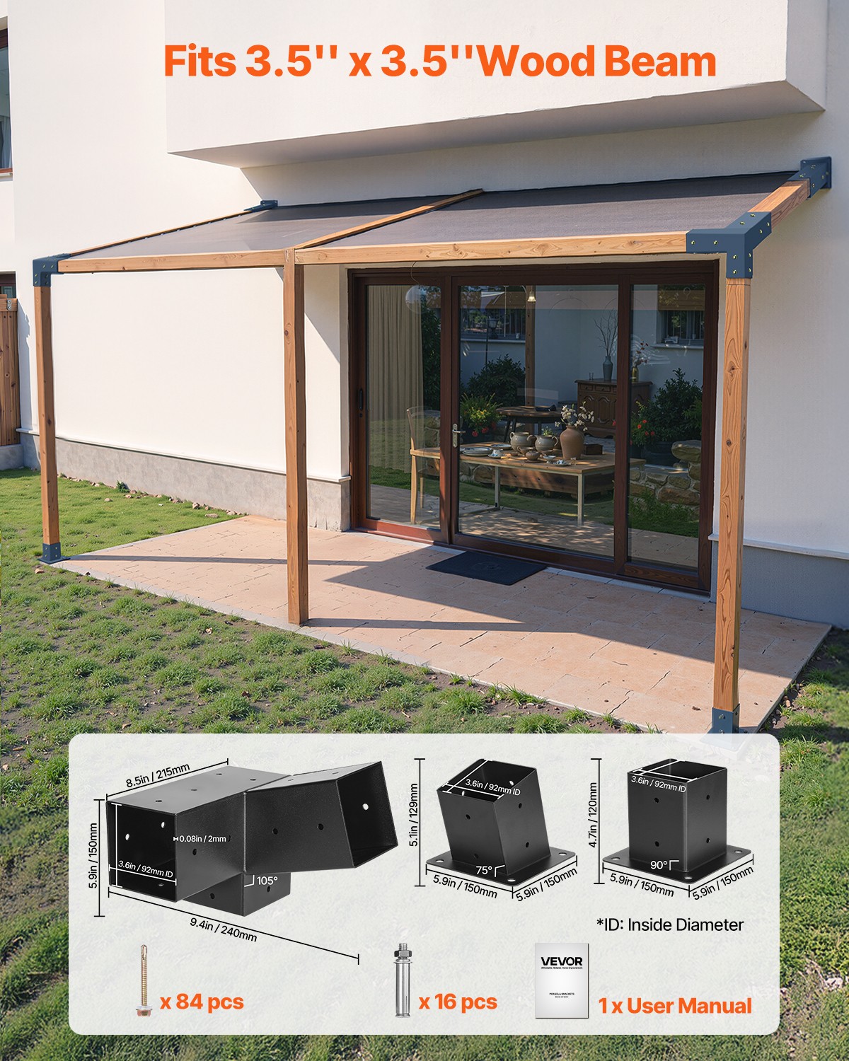 VEVOR 4x4 Inch Pergola Bracket Kit Inner 3.5x3.5 3-Way Slanted Brackets DIY Post