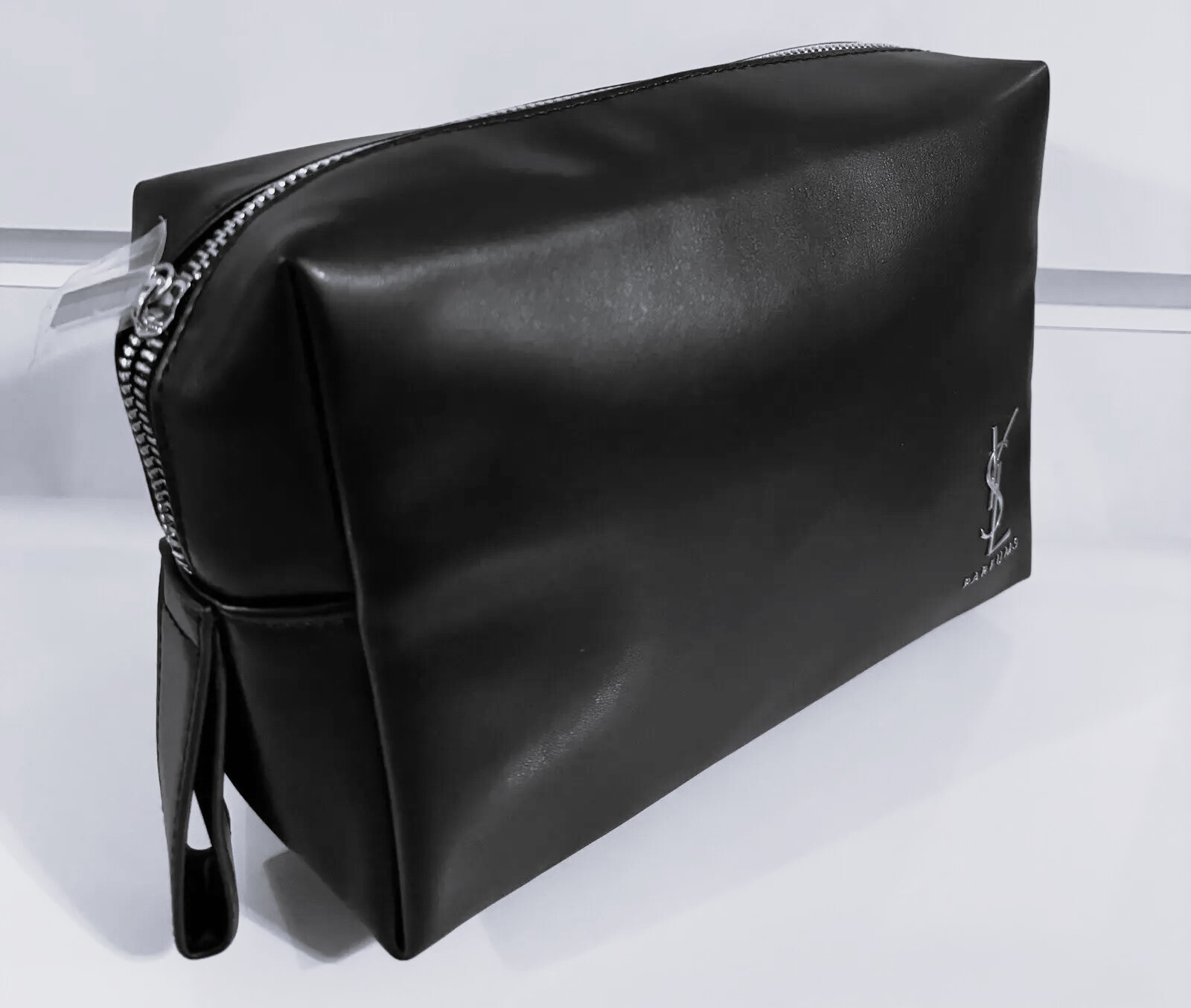 YSL Yves Saint Laurent Black Faux Leather Silver Logo Toiletry Makeup Bag NEW!