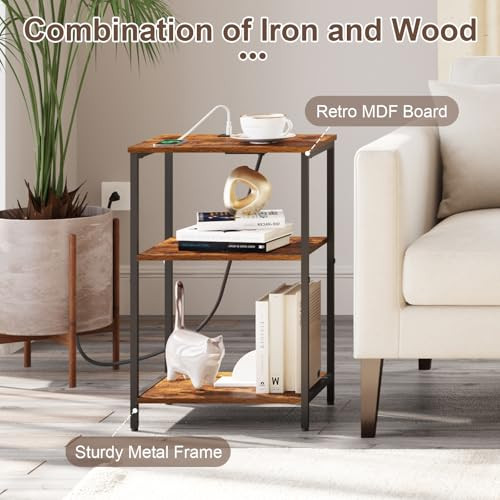 X-cosrack Side Table with Charging Station, Rustic Brown With Charging Station