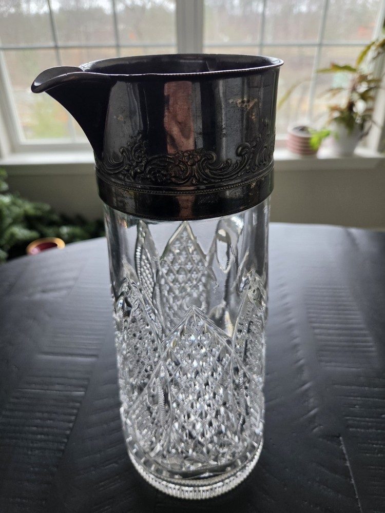 Victorian Style Silverplate Ornate Top Glass Pitcher Diamond Pattern Cut Glass