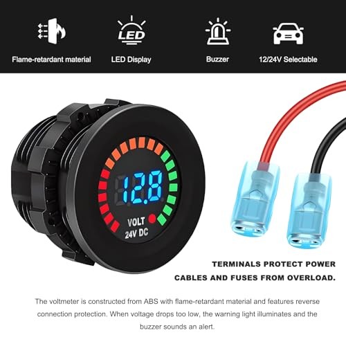 2 PCS DC LED Digital Voltmeter, Waterproof Round Panel Vehicle Battery 24V