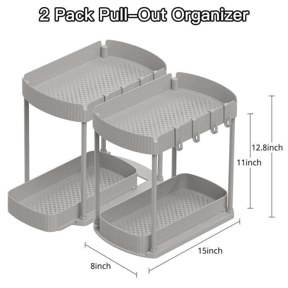 Multi-Purpose Pull-Out Storage Organizers for Under Sink Grey 12.8 Inch 2 Pack