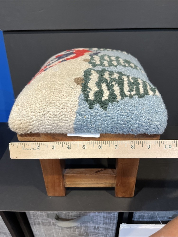 Footstool Chandler Needlepoint Skier Winter Snow Tree Scene Solid Wood Base