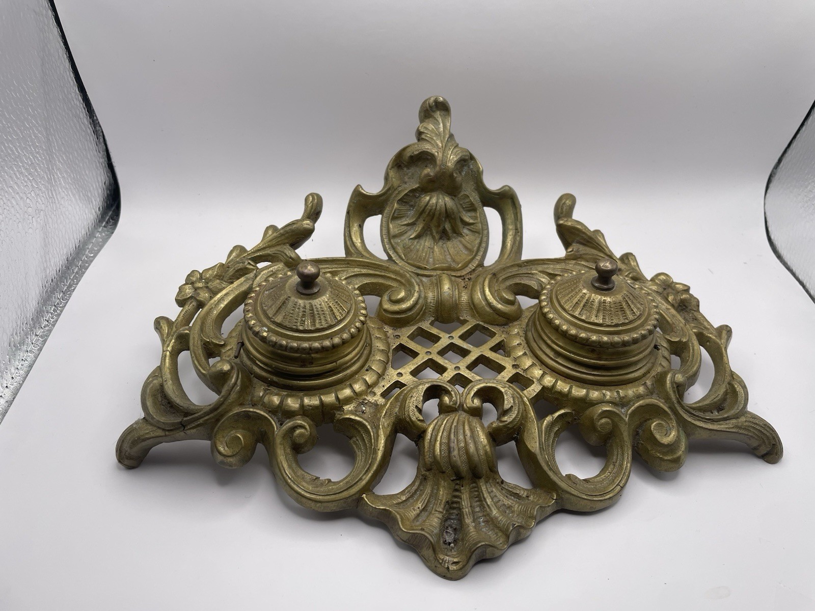 Antique Brass Double Inkwell With Lids