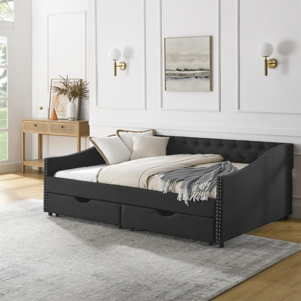 Full Size Daybed Upholstered Bed Frame Sofa Bed w/ 2 Storage Drawers US