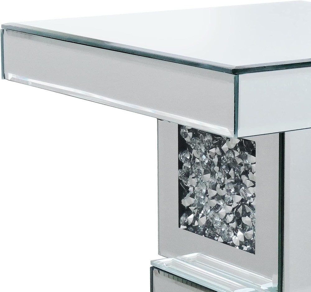 20"Silver Mirrored End Table With Crystal Inlay, Modern Side Table Accent Table