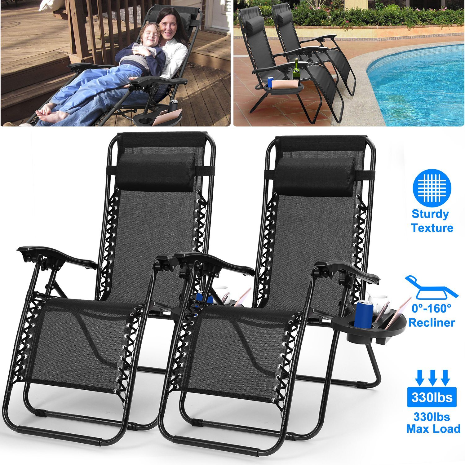 2 Sets Gravity Chairs Folding Patio Lounge Beach Outdoor Recliner with Side Tray