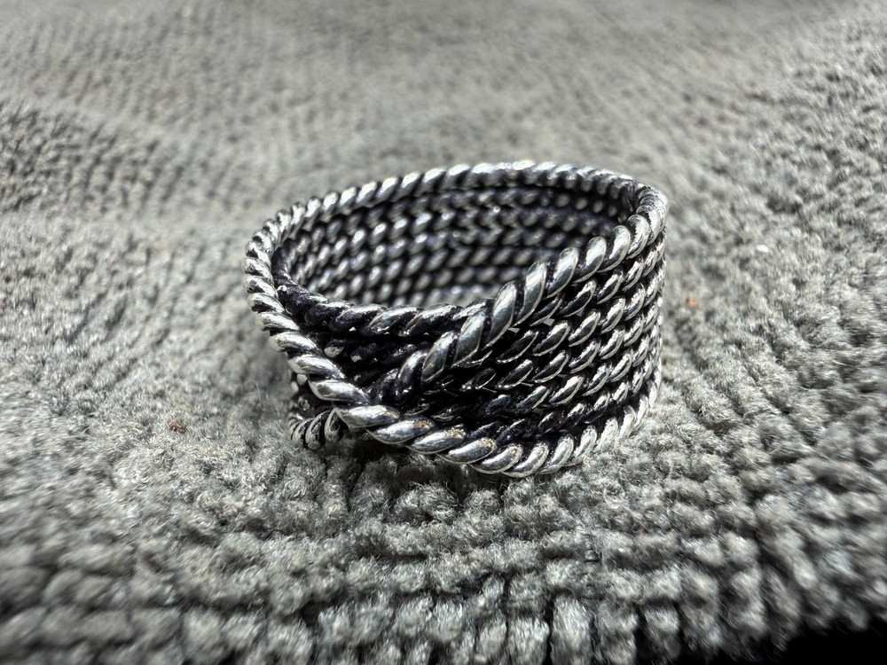 Solid 925Sterling Silver Woven Braided Rope Wide Band Oxidized Mesh Unisex Ring
