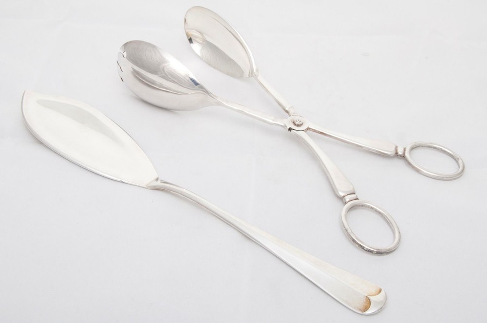Vintage Set of 2 Silver Plate Serving Utensils Tongs Cake Knife Italy England