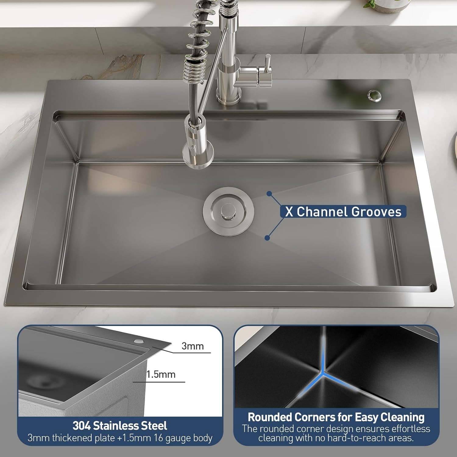 33"x22"x9" Drop in Kitchen Sink with Pull Down Spring Faucet, Single Bowl Sink