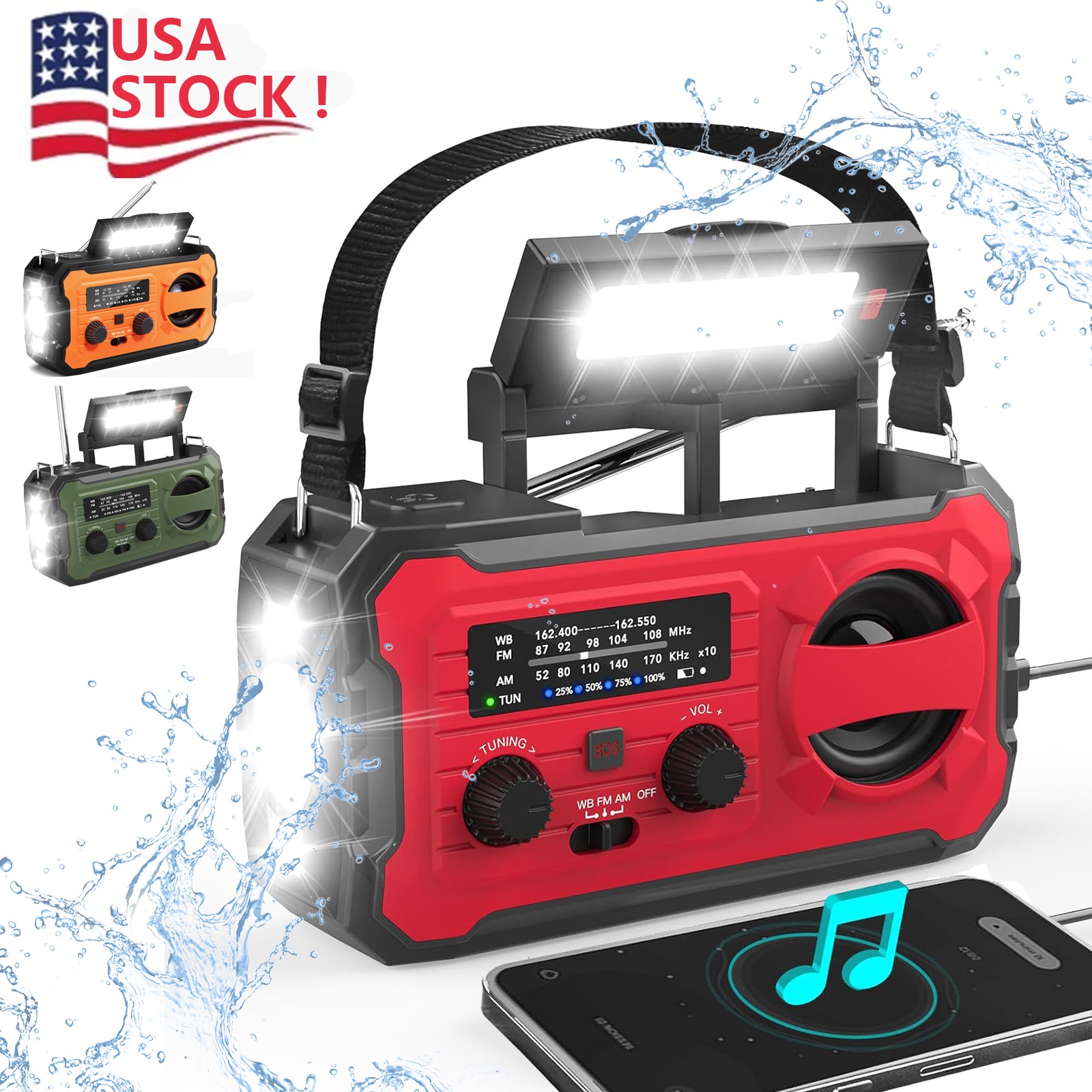 Emergency Solar Hand Crank Weather Radio 100000mAh Power Bank Charger FlashLight