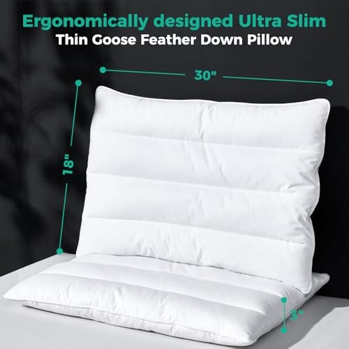 Luxury Thin Flat Goose Feather Down Pillows 18" x 30" - 2 Packs Solid White