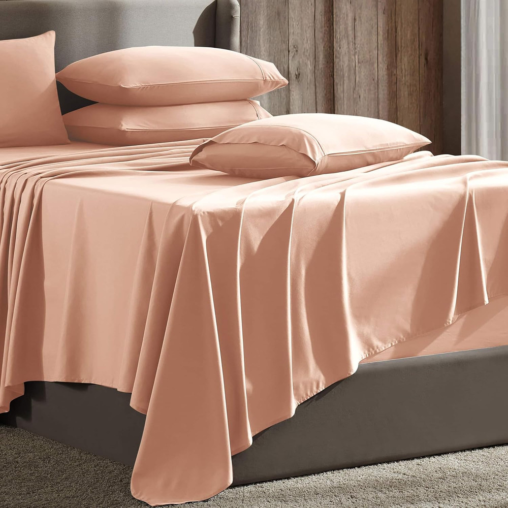 6Pc King Size Bed Linen Set - Extra Deep Pocket, Microfiber, Peach - Includes 4