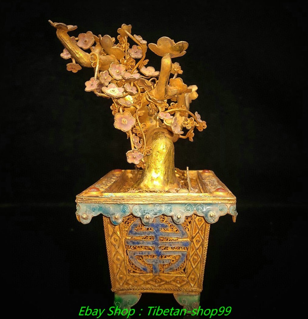 6.3"Old Pure Silver Gilt Cloisonne Enamel Plum Tree Flower Pot Bonsai Statue