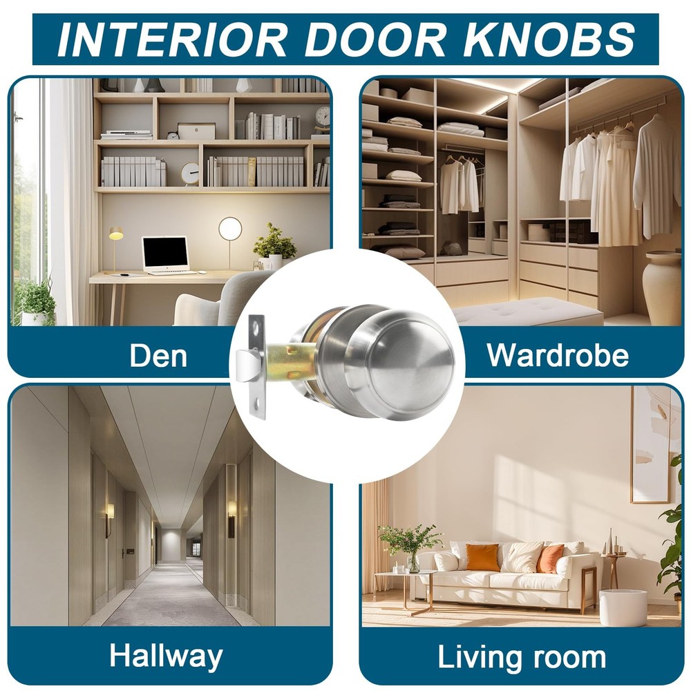 Passage Door Knobs, 6 Pack Satin Nickel Door Knobs, for Hallway & Closet Non-Loc