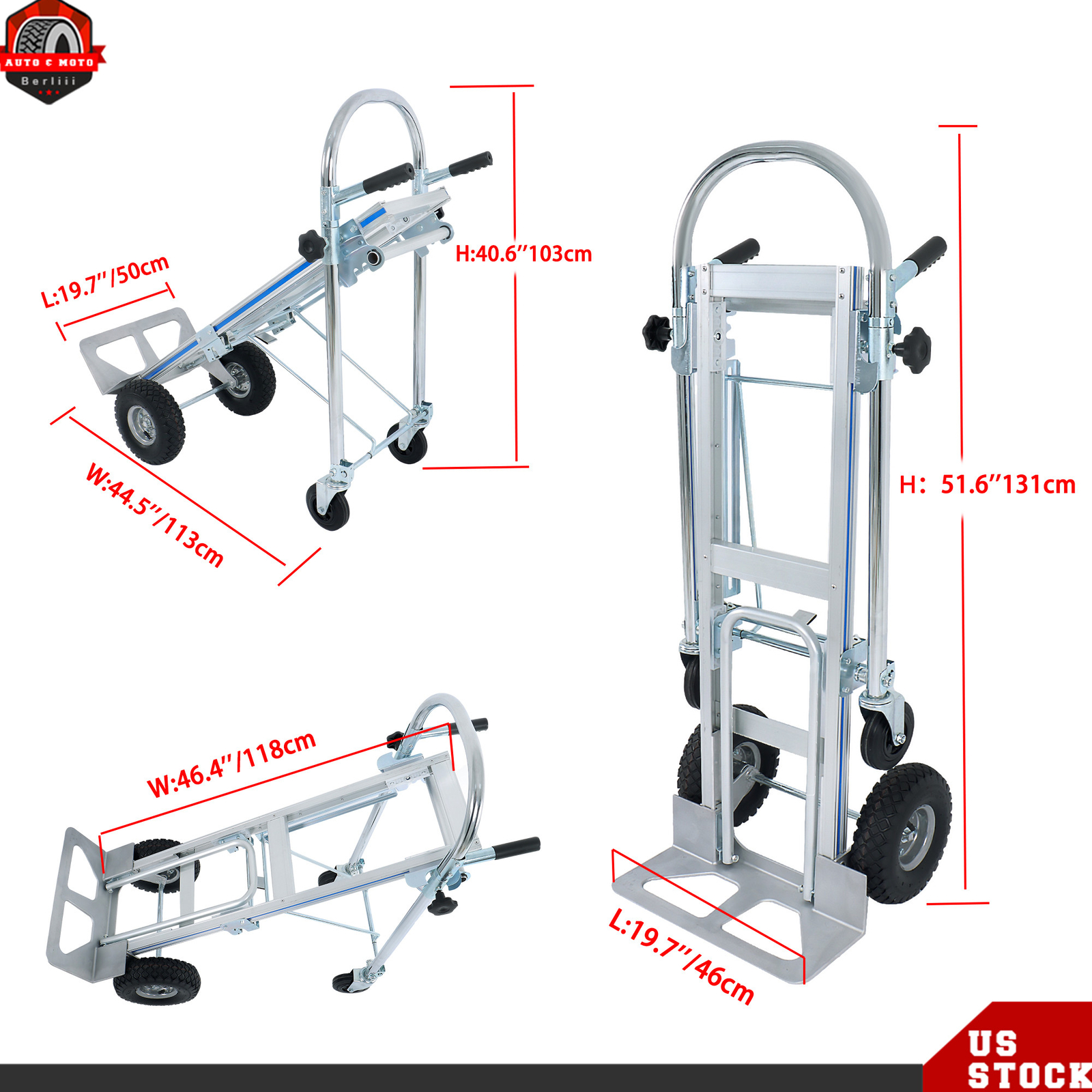 1000 Lbs Capacity Aluminum Convertible Hand Truck 4-in-1 Heavy Duty Dolly Cart