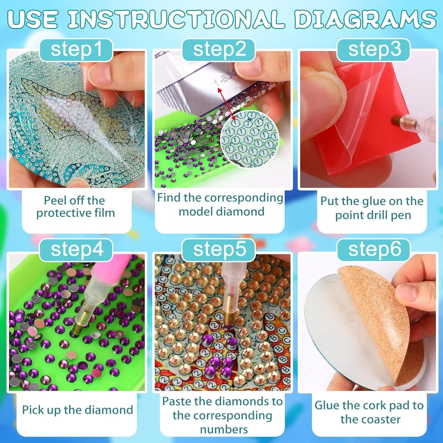 Ekuxom 6 Pcs Diamond Art Coasters Kits, DIY Ocean 4x4in (10x10cm),