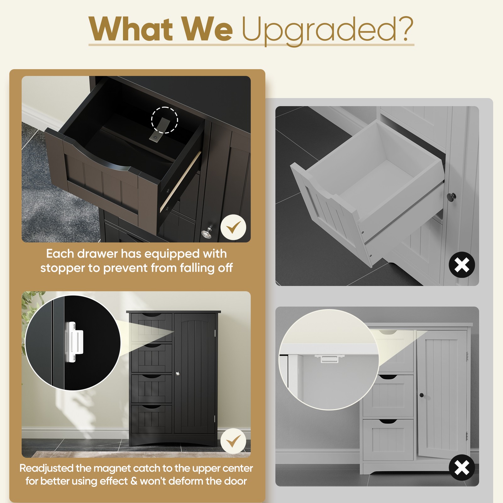 Bathroom Floor Storage Cabinet w/4 Drawers Adjustable Shelves Freestanding Black