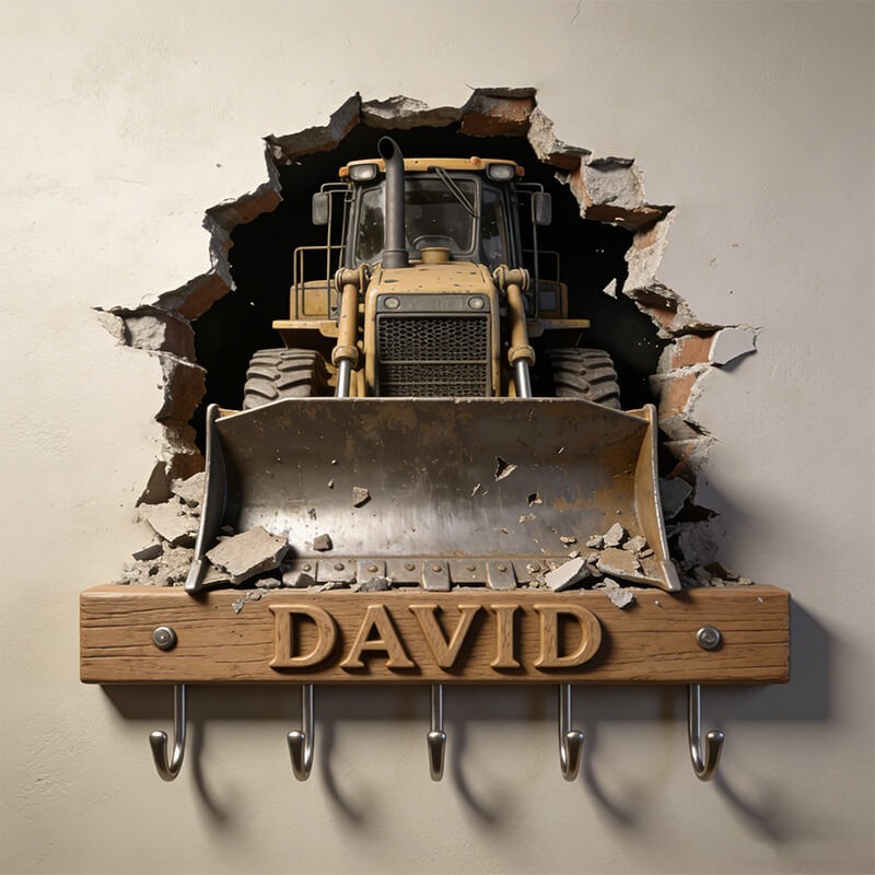 Bulldozer Key Holder 2D with 3D Effect, Custom Name Hook Rack