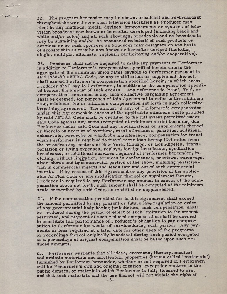 BUDDY HACKETT - CONTRACT DOUBLE SIGNED 12/13/1960