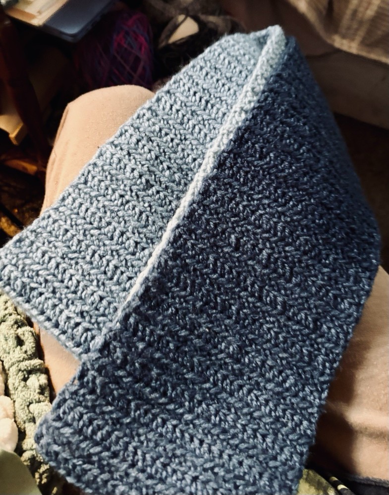 Handmade Crocheted Scarf, Blue & Gray completely connected style!