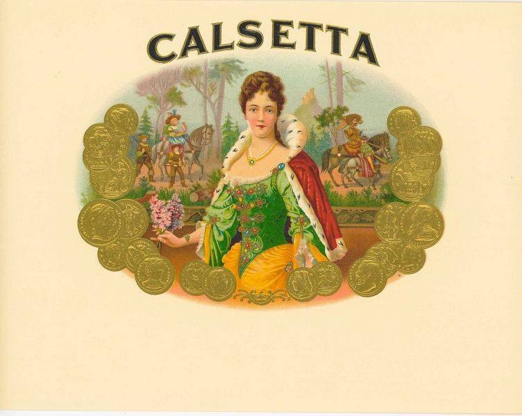 AUTHENTIC CALSETTA  CIGAR BOX LABEL QUEEN ROYAL HORSEBACK EMBOSSED BRONZED 1910