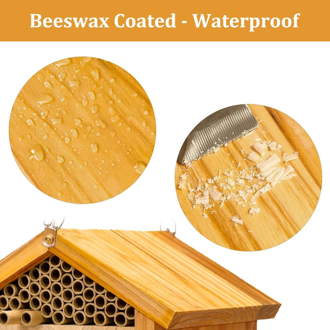 Mason Bee House -Wax Coated Mason House for the Garden, Natural Handmade Wooden