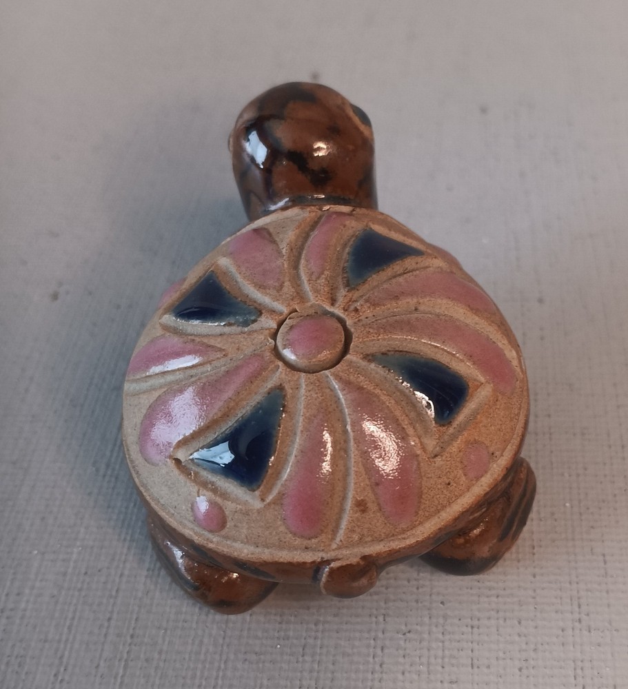 Turtle Figurine Small Embellished Shell Ceramic Pottery Glazed