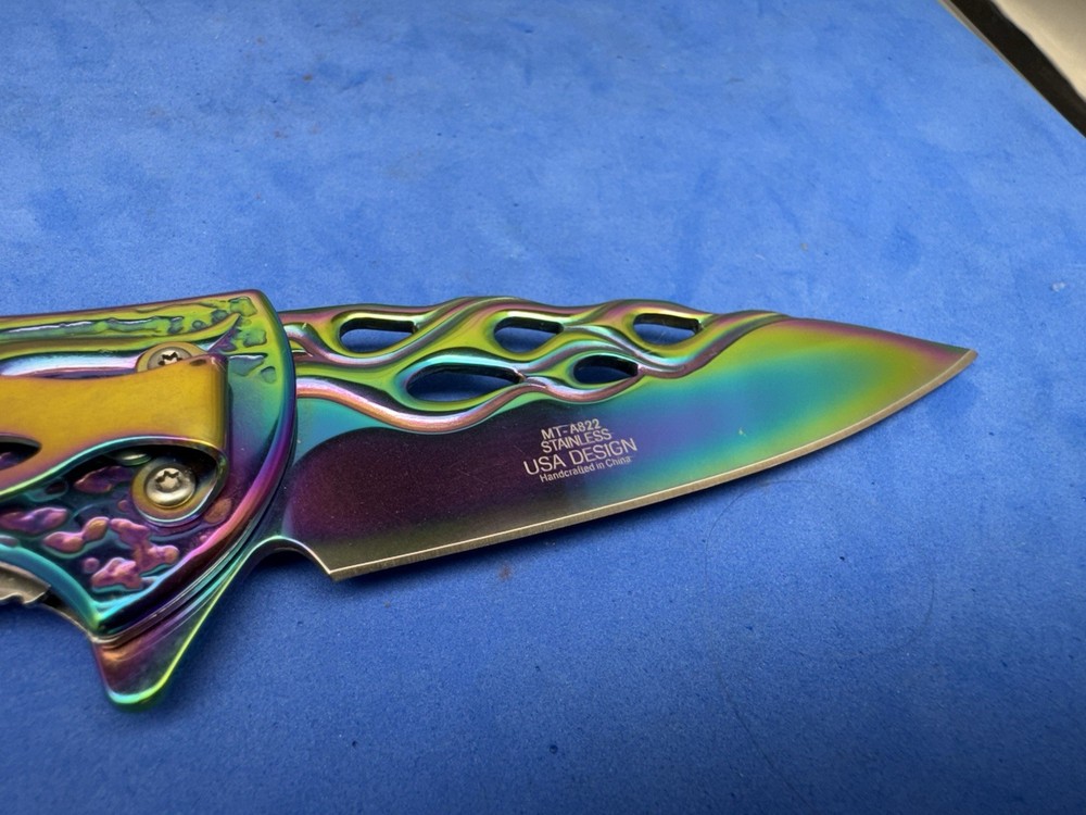 MTECH Assisted Opening Pocket Knife Rainbow Flame Cutout Fire Pattern Blade EDC