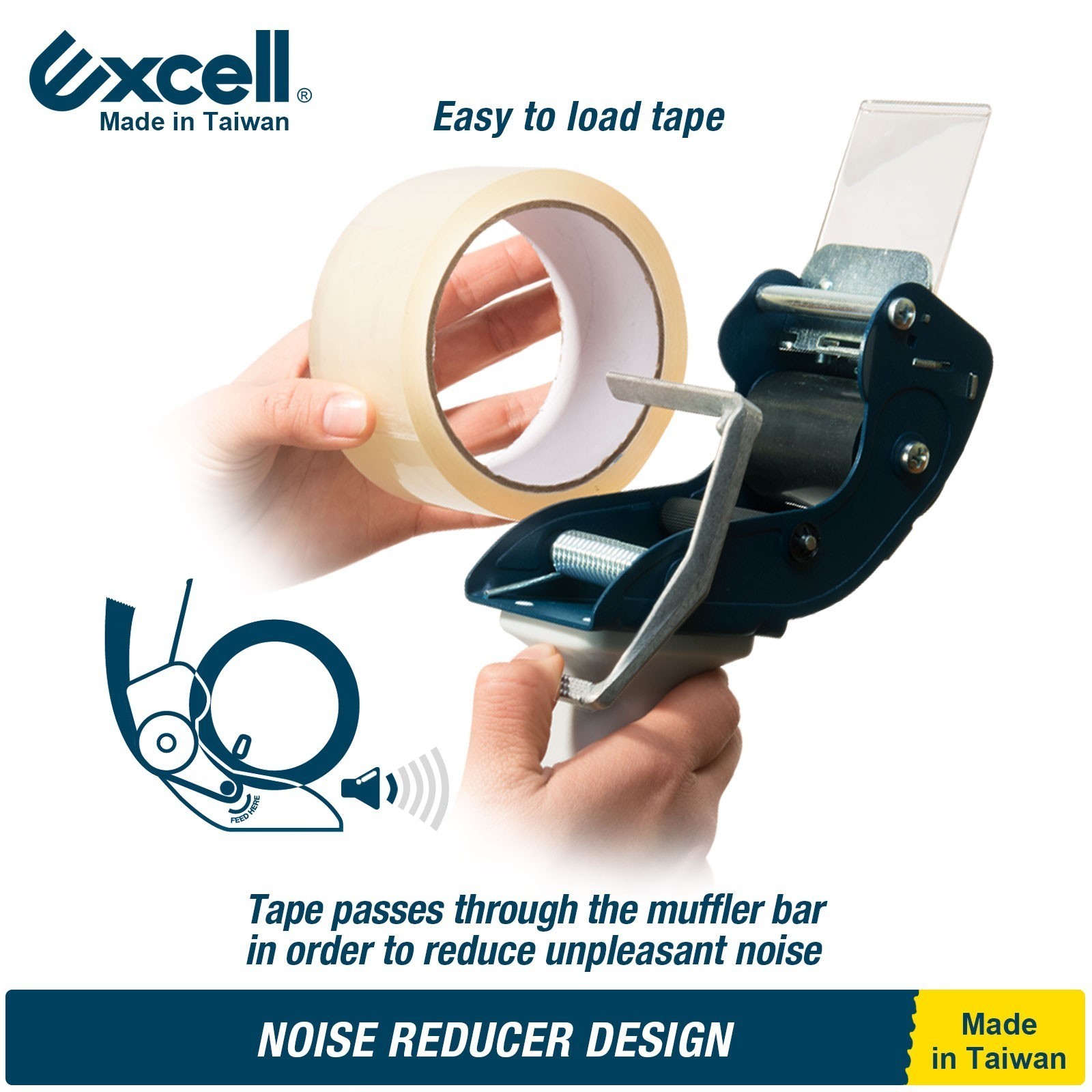 Excell Low Noise Tape Gun 2" Tape 3" Core, Quiet Tool for Carton & Box Sealing