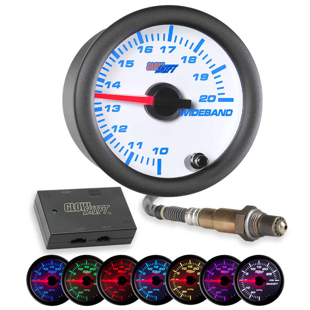 GlowShift White 7 Color Analog Wideband Air/Fuel Ratio AFR Gauge w Data Logging