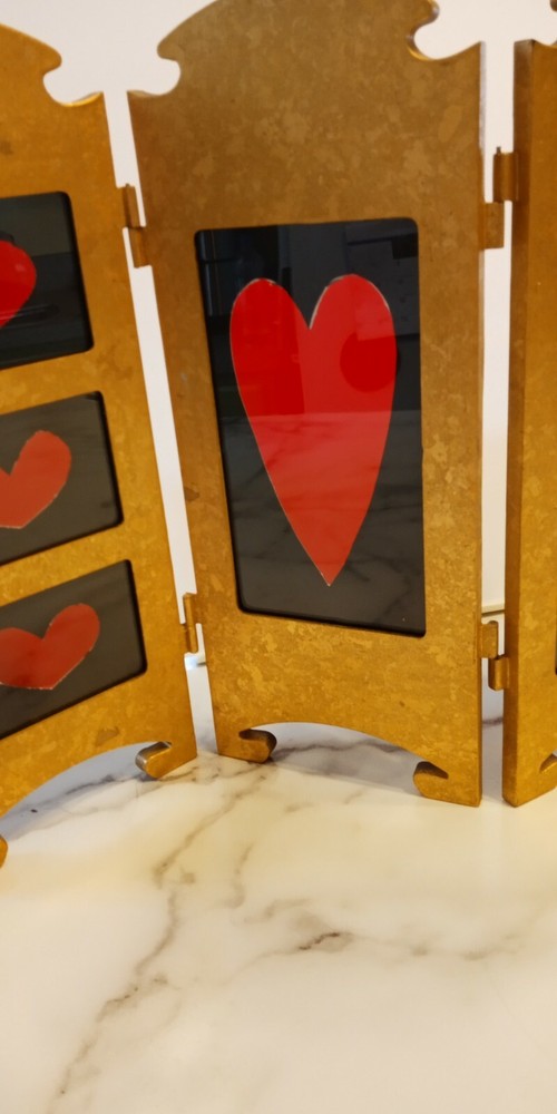 Red Hearts Stained Glass window panel - tri-fold windowsill panel freestanding 