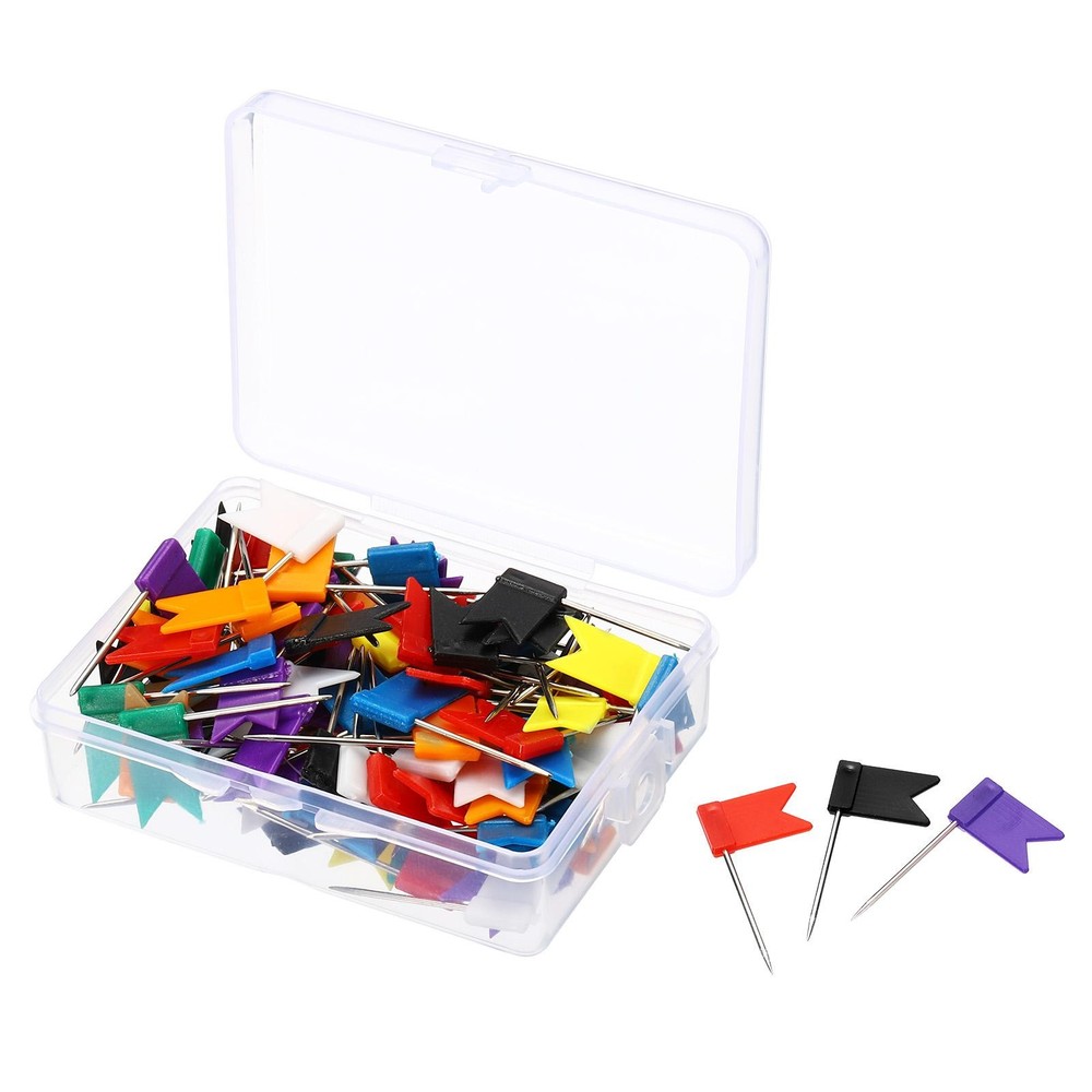 Flag Map Push Pins, 100pcs Plastic Steel Head, Multicolor