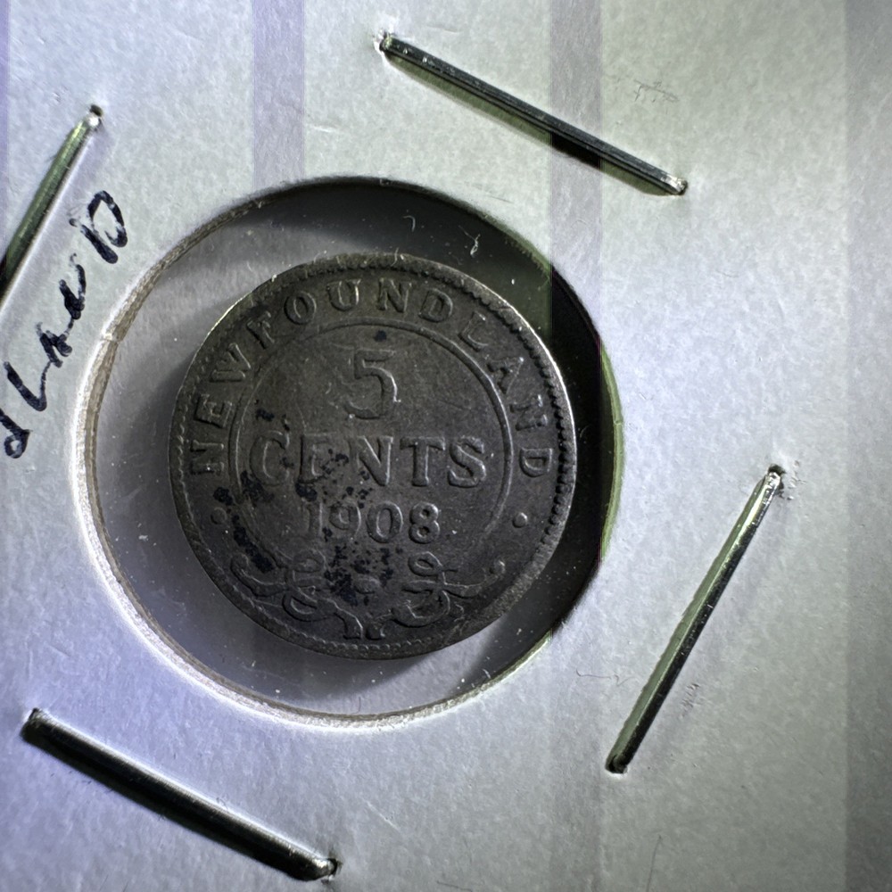 Silver 1908 Newfoundland Canada 5 Five Cent Coin - 114