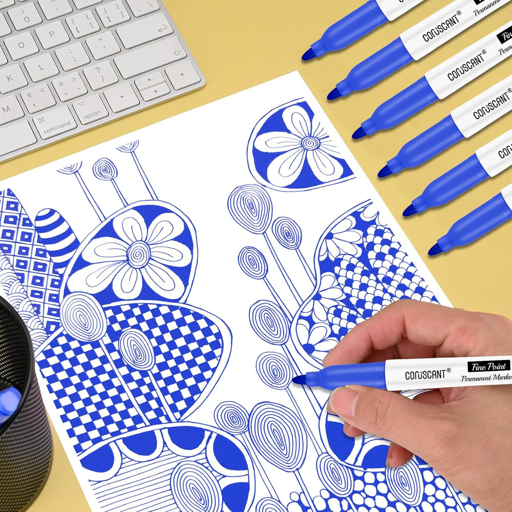 Blue Permanent Marker Fine Point, 18 Pack Quickly Drying, Waterproof, Smudge-Pro