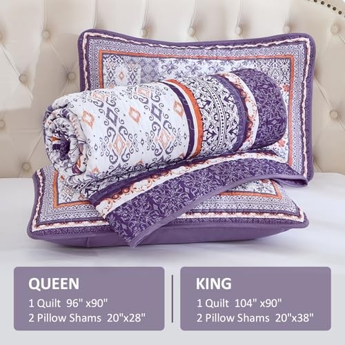 Purle Quilt Set Size,3 Pieces Boho Patchwork Bedspread Coverlet King Purple