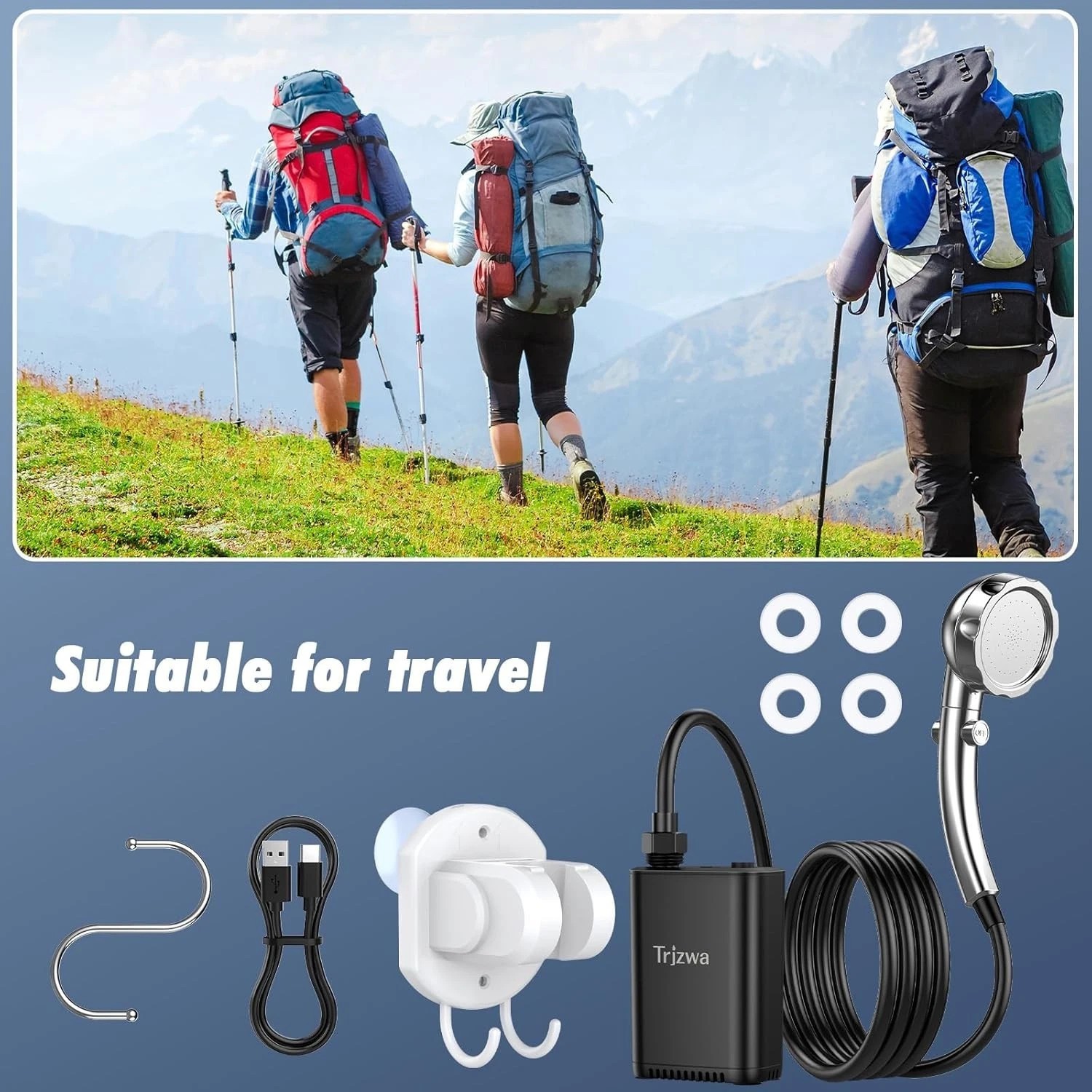 Portable Camping Shower Rechargeable Pump with Adjustable Shower Head Outdoor