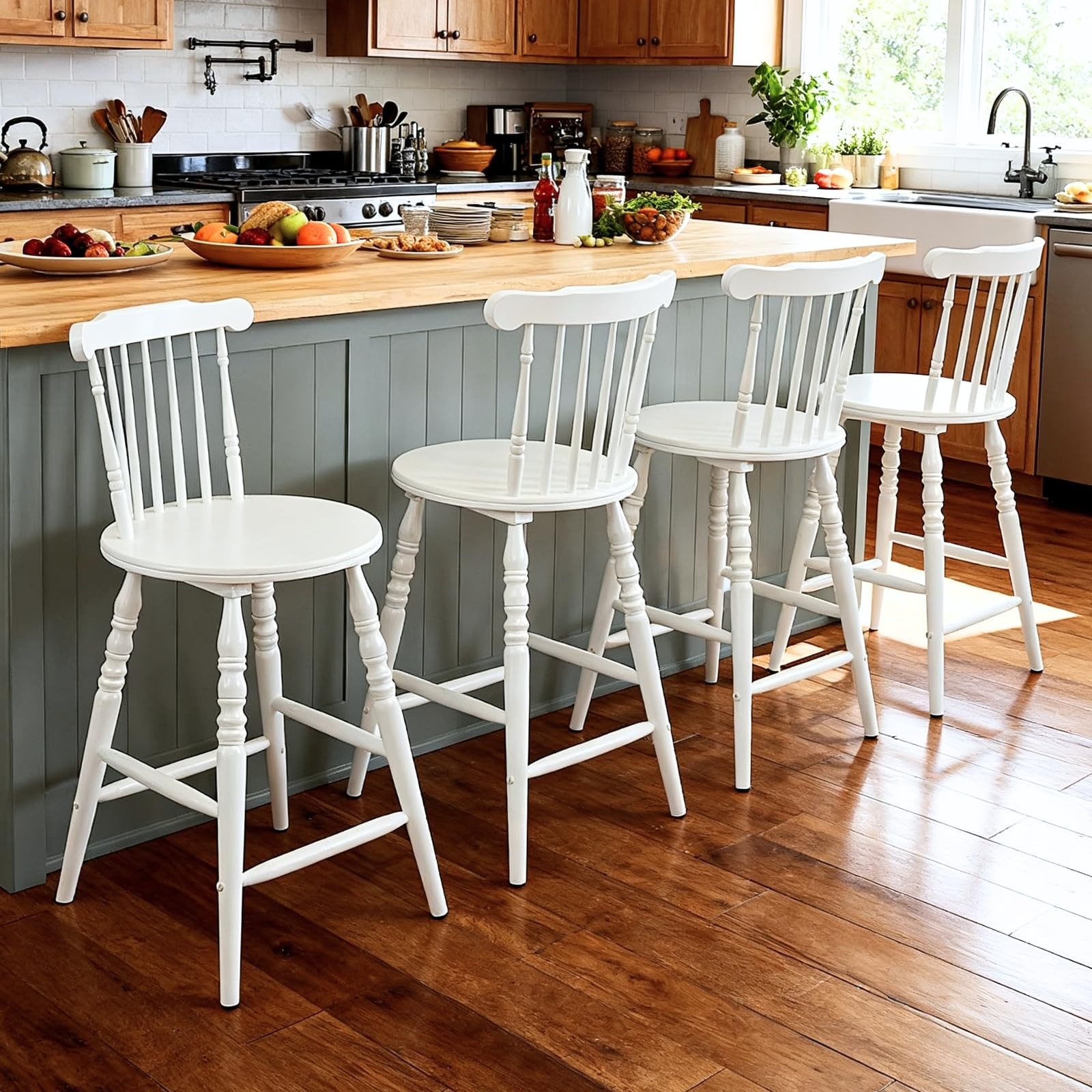 24" White Windsor Counter Height Bar Stools Set of 3, Farmhouse Wooden Counter