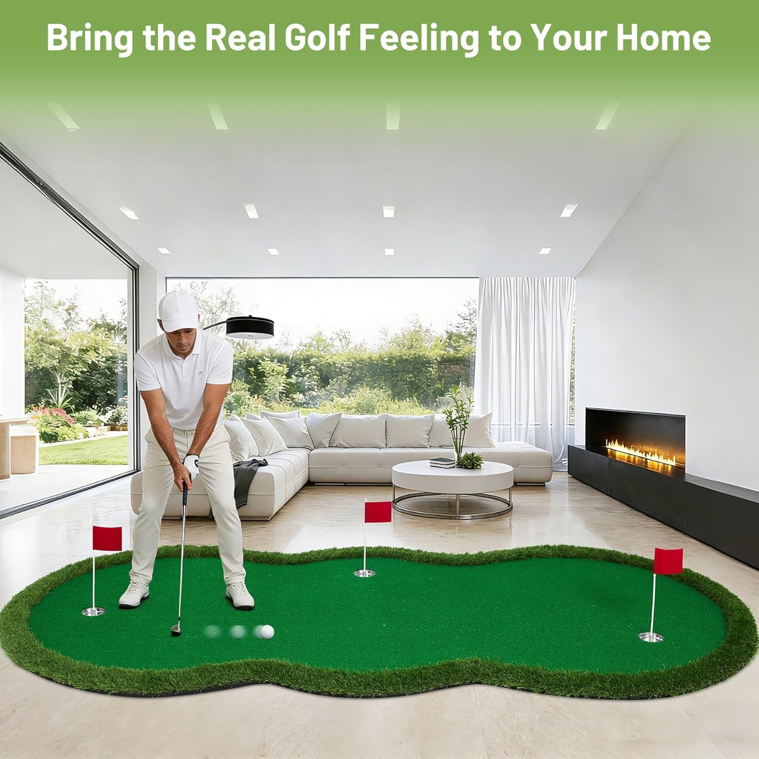 5x10 FT Golf Putting Green Indoor Outdoor, Dual-Turf Mat with 3 Holes & Flags
