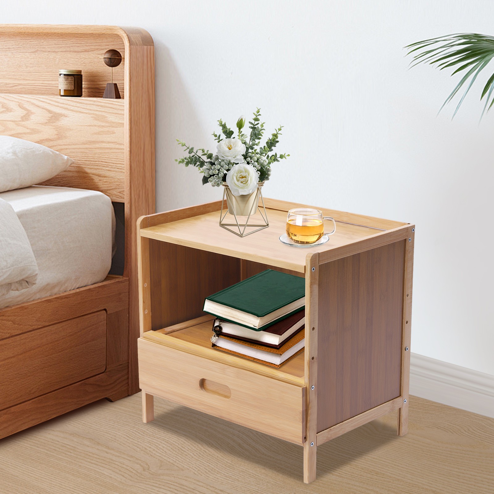 Modern Bedside Cabinet Nightstand Table Drawer Bamboo Bedroom Storage Furniture
