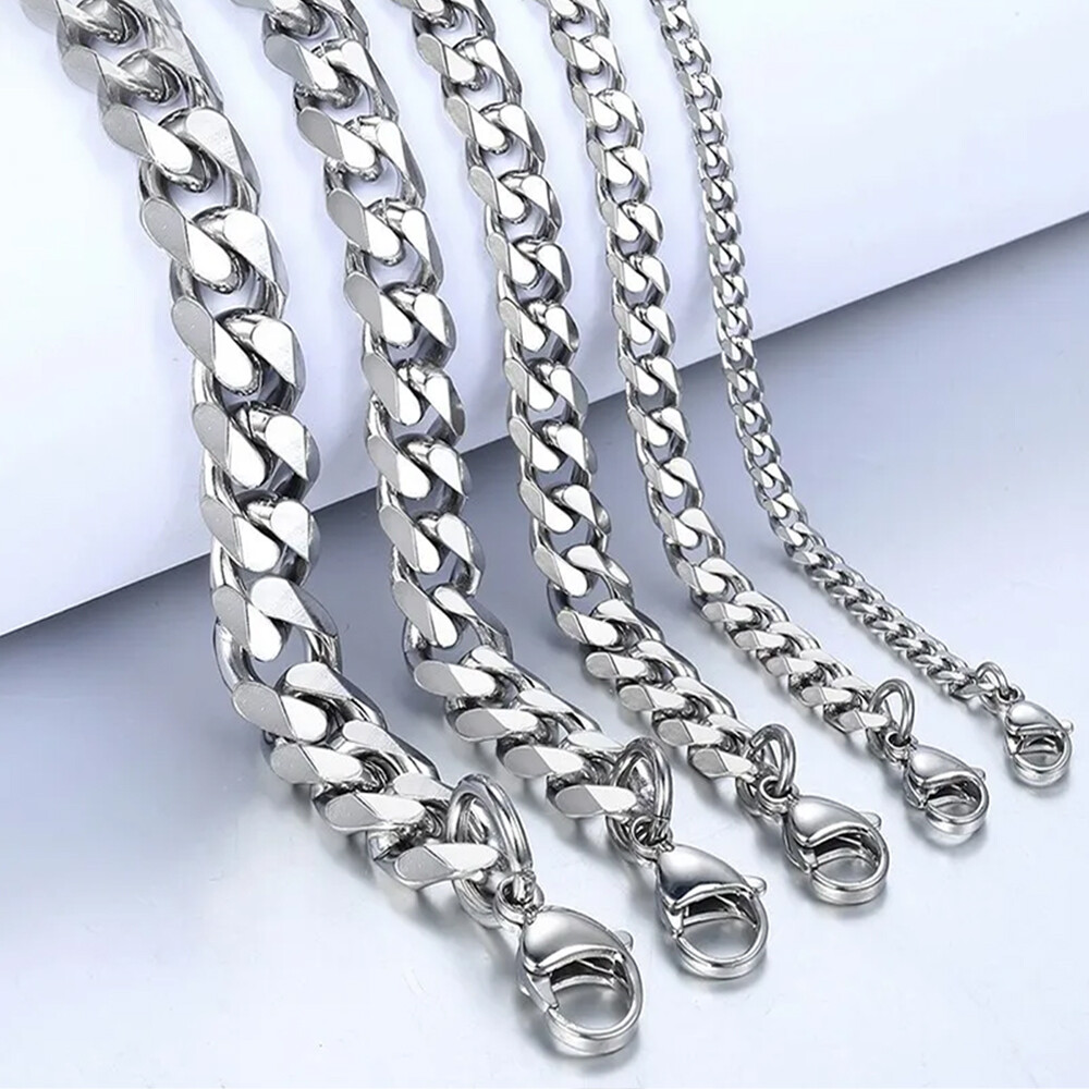 16-30" Stainless Steel Silver Chain Cuban Curb Necklace 3/5/7/9/11mm Womens Mens